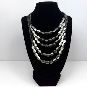NY Layer Statement Bib Necklace Strand Bead Chain Gray Silver Jewelry 10 in